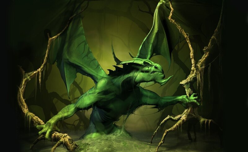 Green Dragon in Swamp — Dark, Night