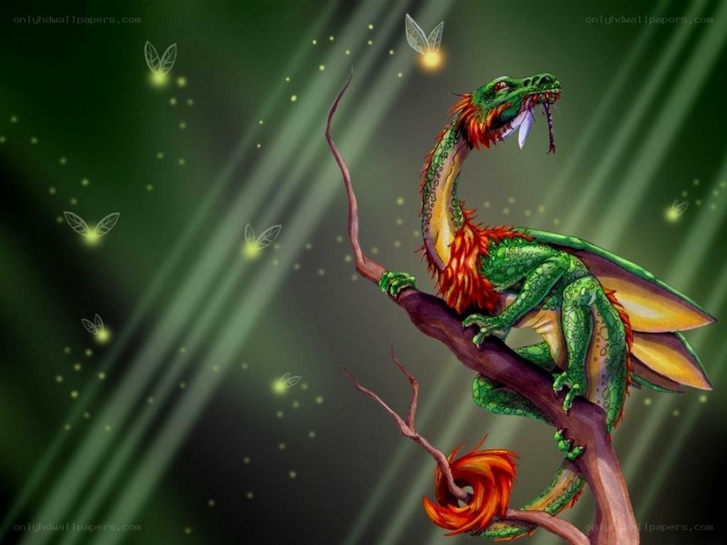 Green dragon on a branch
