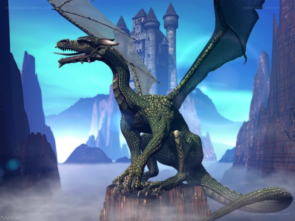 Green dragon on a cliff