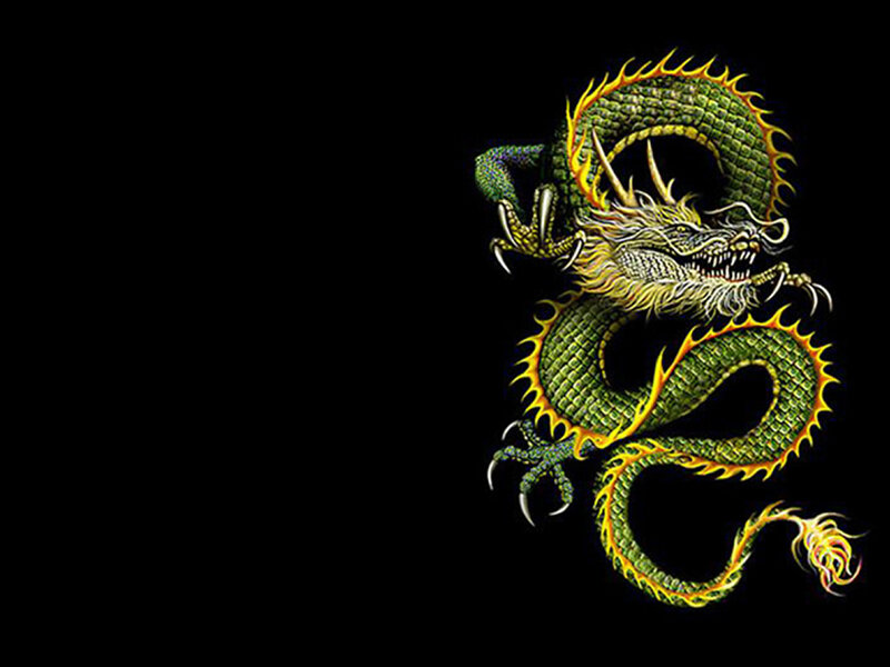 Green dragon on black background