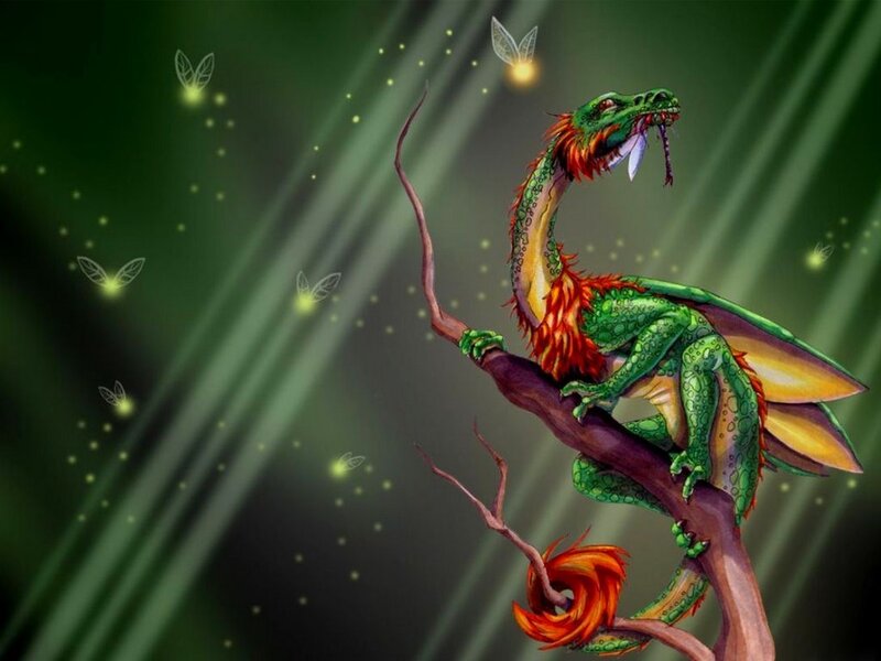 Green Dragon on Branch — Mystical