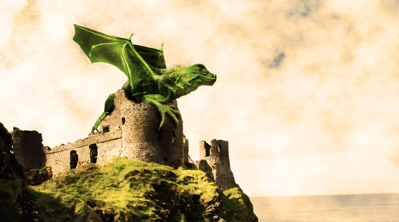 Green dragon on castle ruins