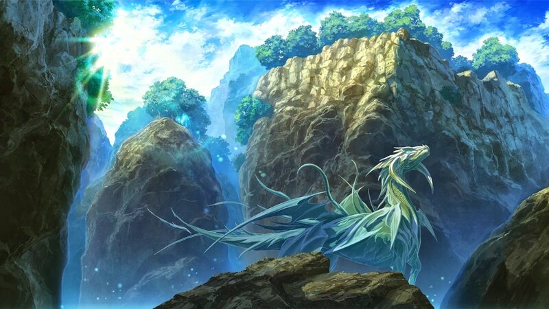 Green Dragon on Cliff — Blue, Serene