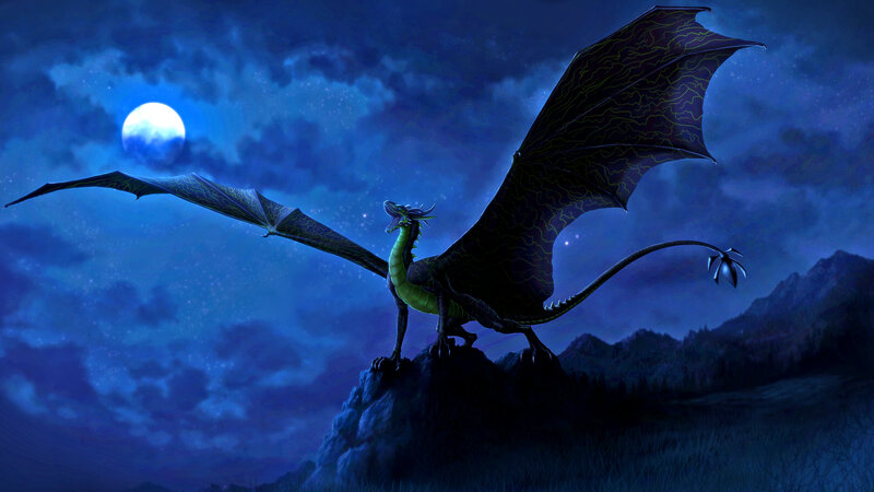Green Dragon on Cliff — Blue