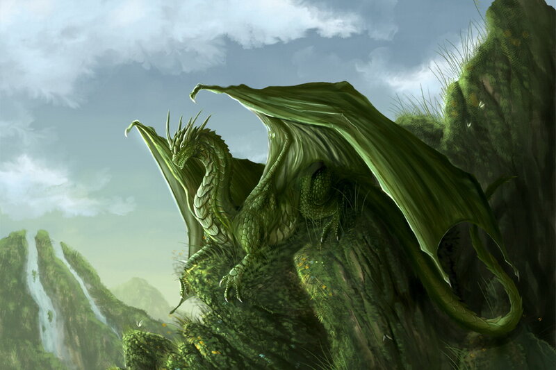Green Dragon on Cliff — Dramatic
