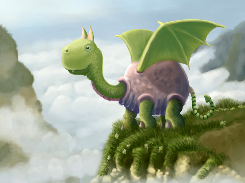 Green Dragon on Cliff — Serene, Digital Art