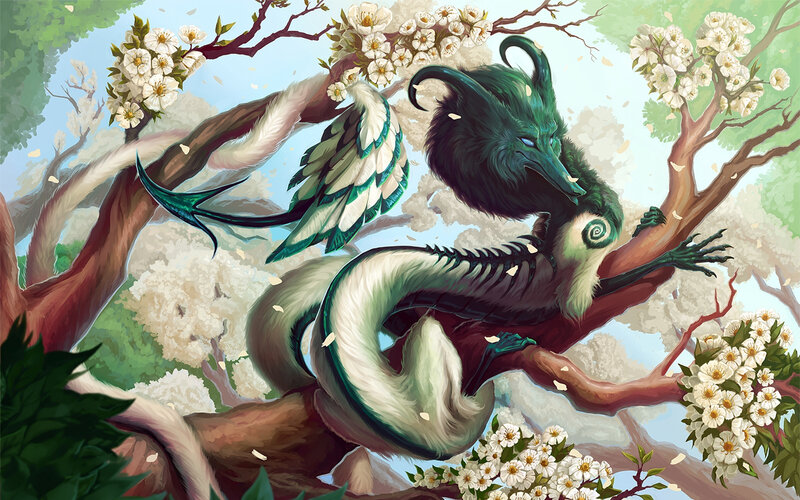 Green Dragon on Tree Branch