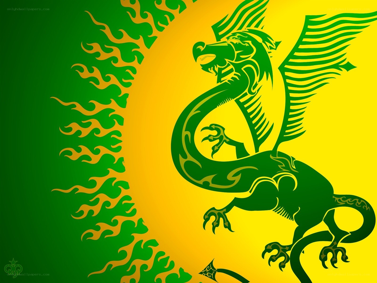 Green dragon on yellow background