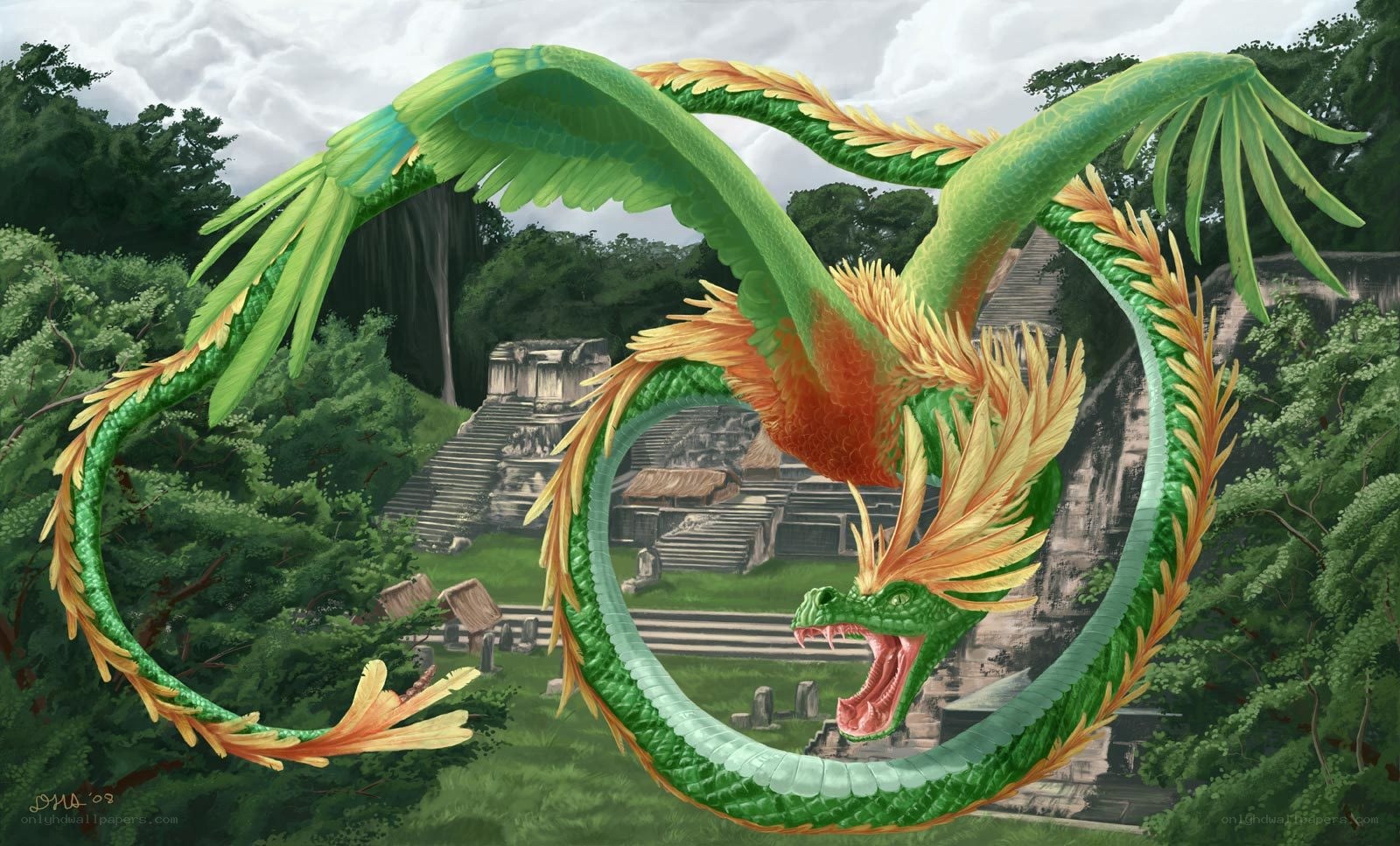 Green dragon over ancient ruins