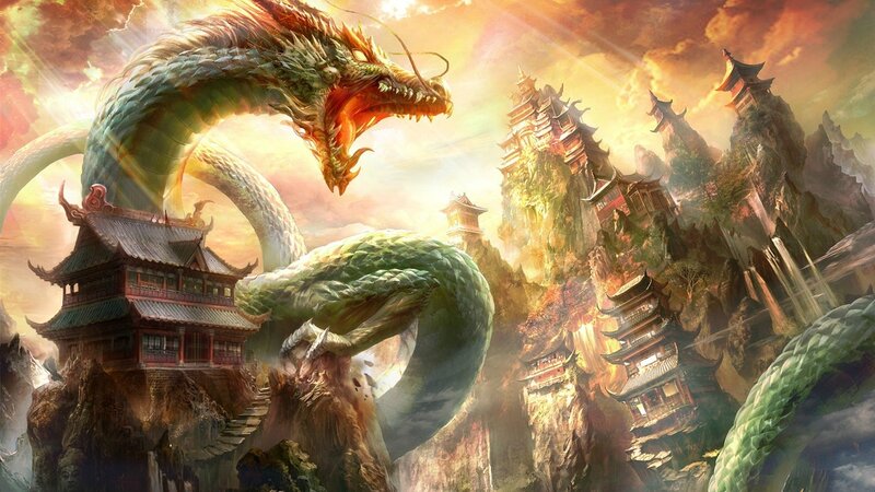 Green Dragon over Temple — Dramatic