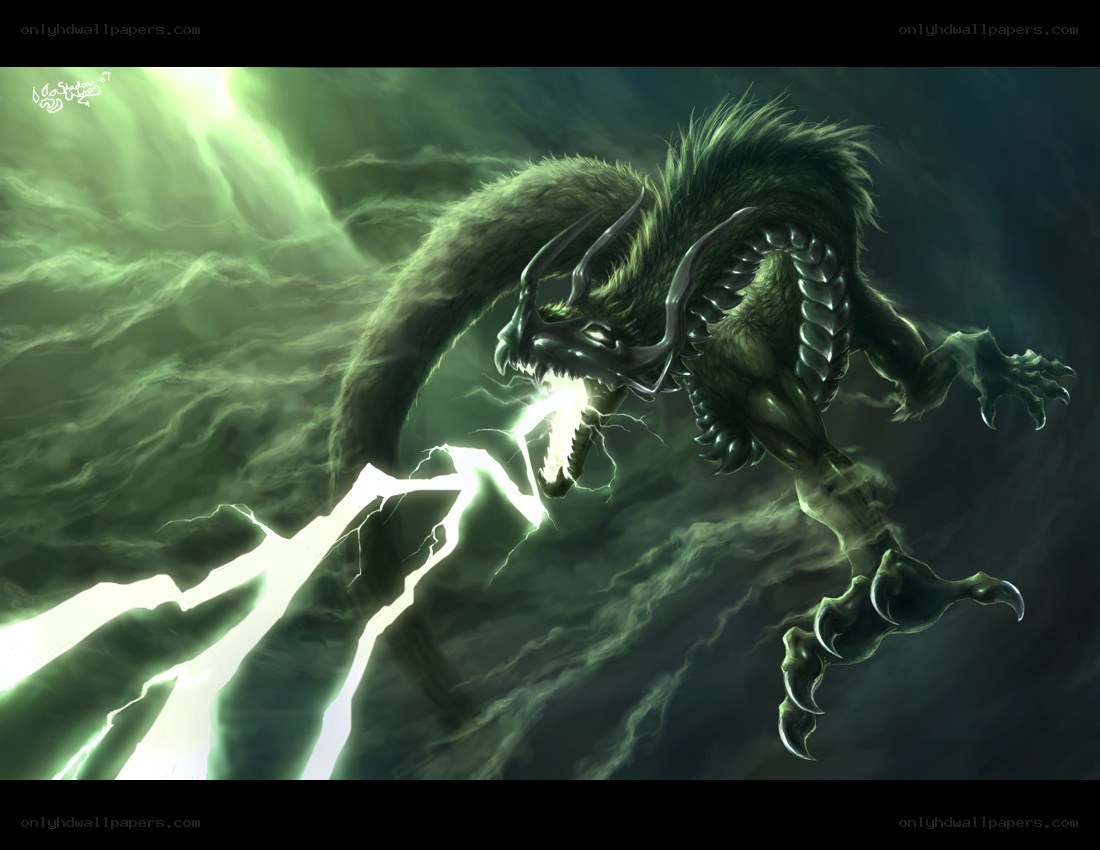 Green dragon unleashing lightning