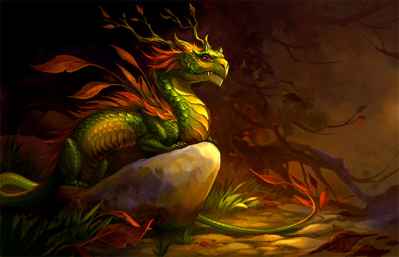 Green Dragon with Antlers — Dramatic, Autumn