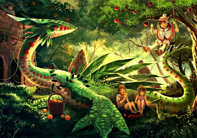 Green Dragon with Children