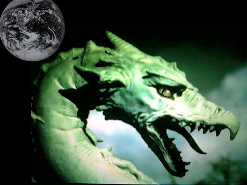 Green dragon with Earth in background