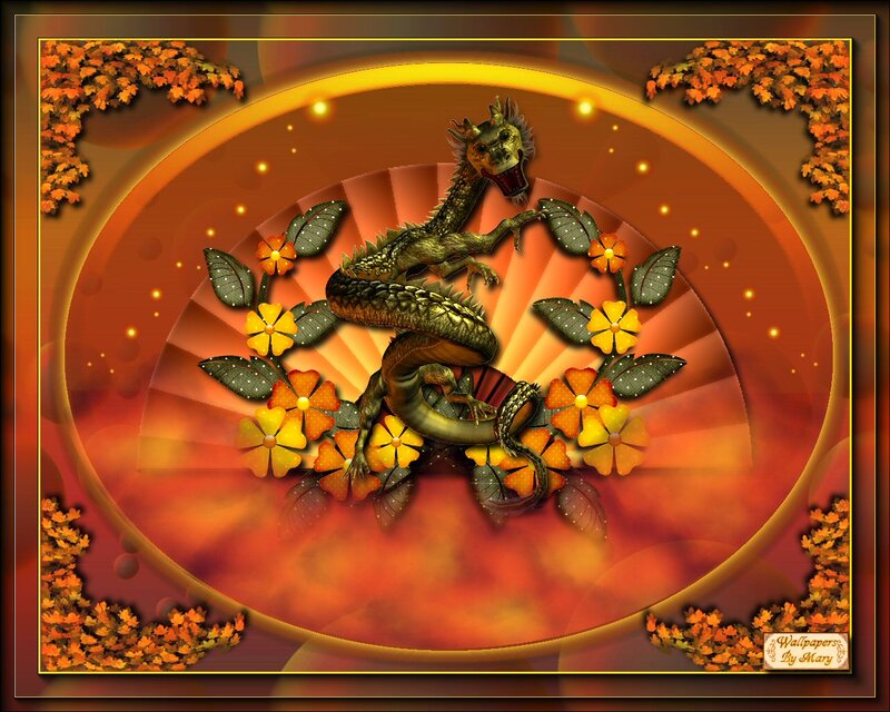 Green Dragon with Flowers — Orange
