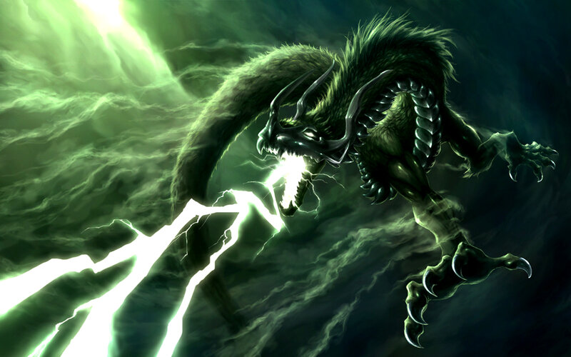 Green Dragon with Lightning — Dramatic, Digital Art, Clouds, Claws