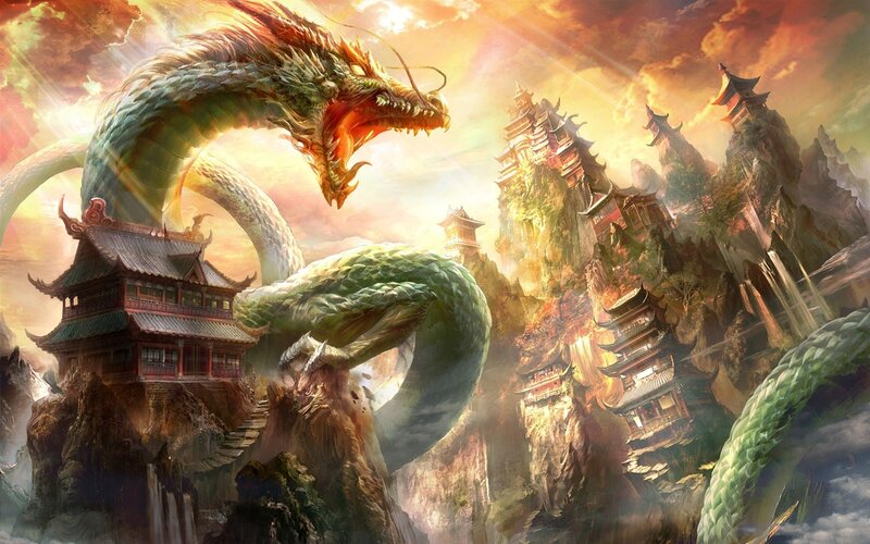 Green Dragon with Temple