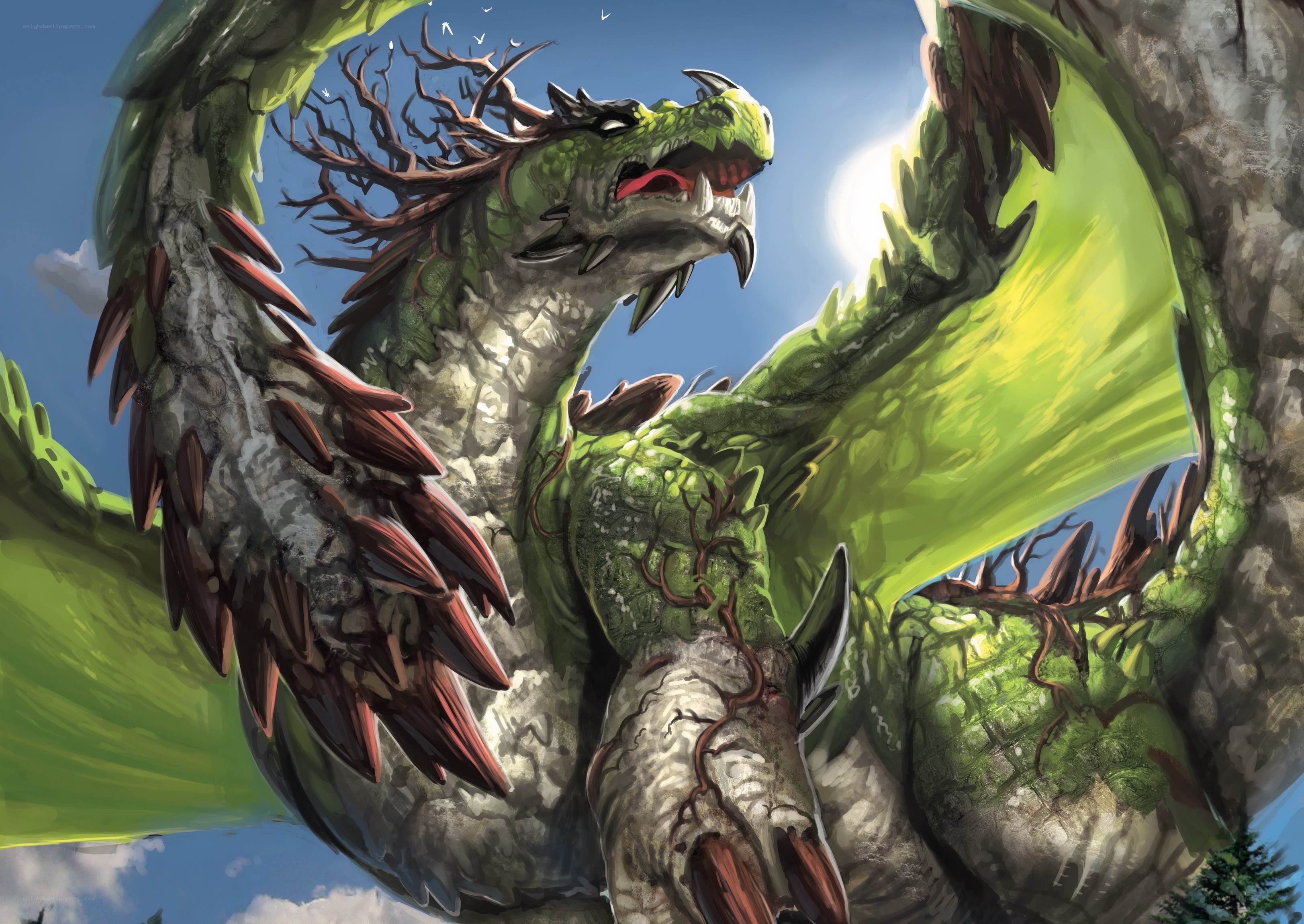 Green dragon with tree-like features
