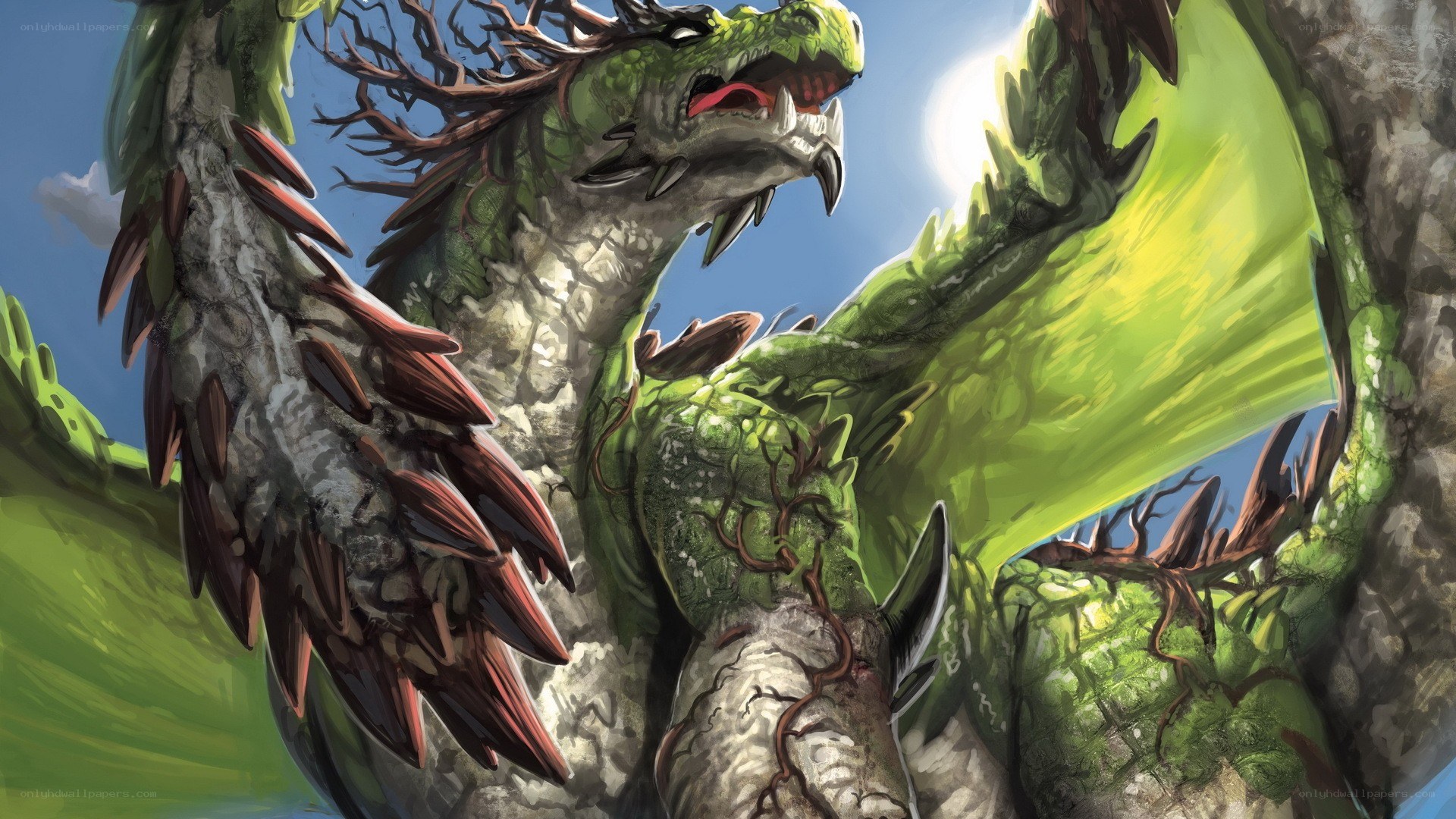 green dragon with tree-like features