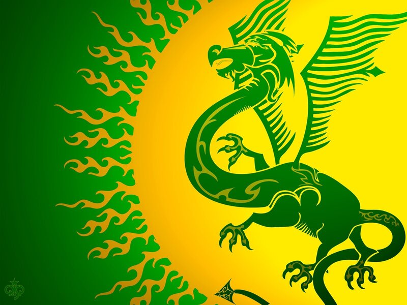 Green Dragon with Wings — Dramatic, Vector Art, Flames