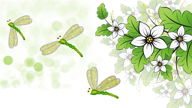 Green Dragonflies and Flowers