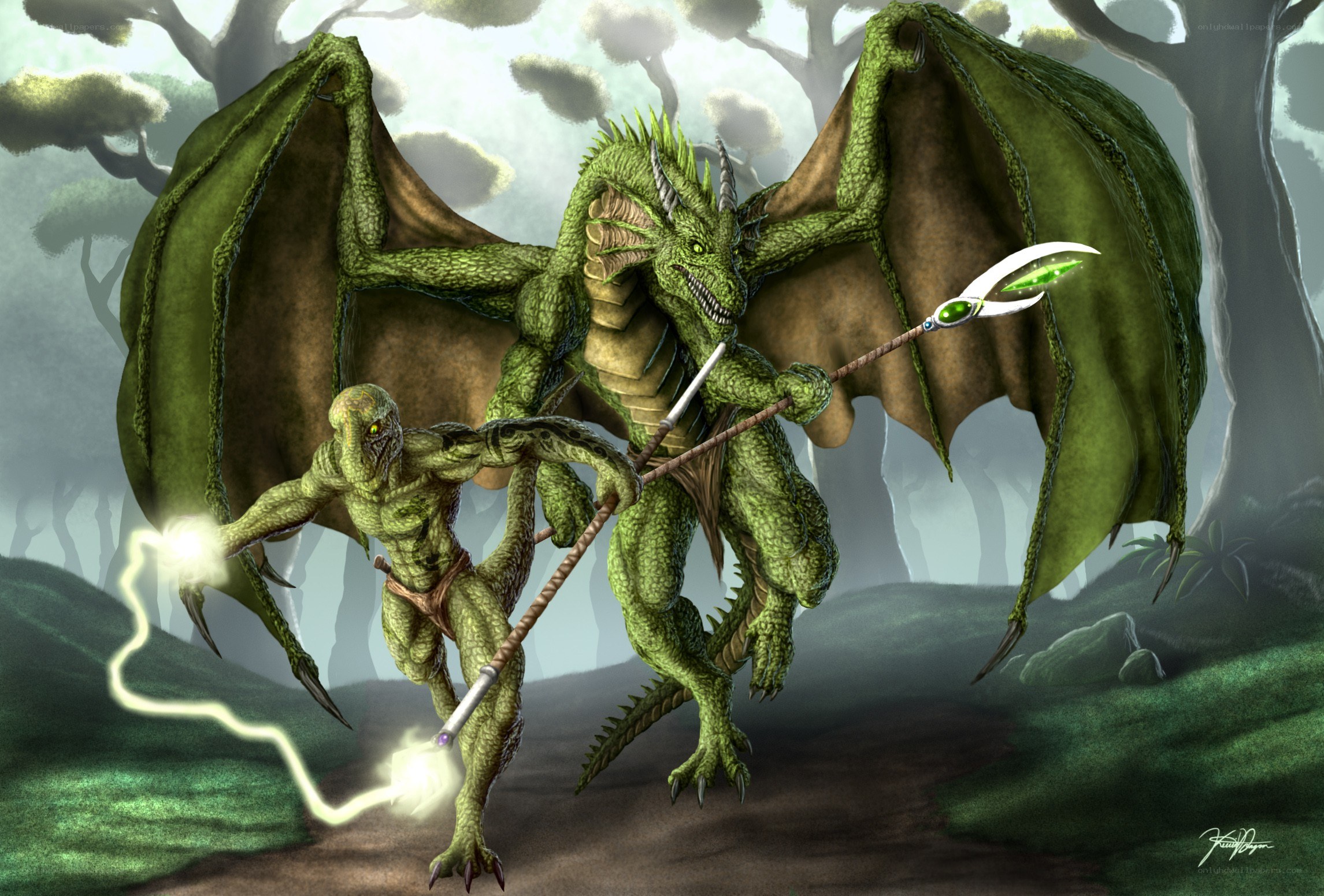 Green dragons in a forest