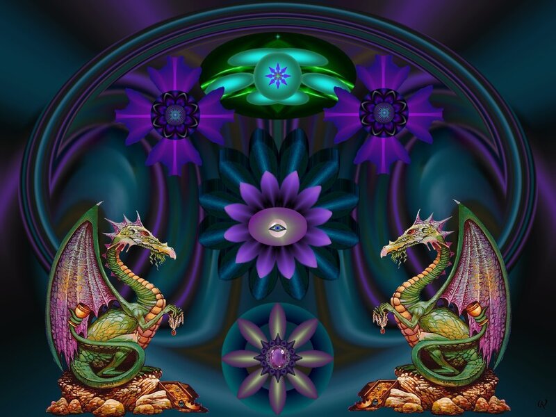 Green Dragons with Purple Flowers