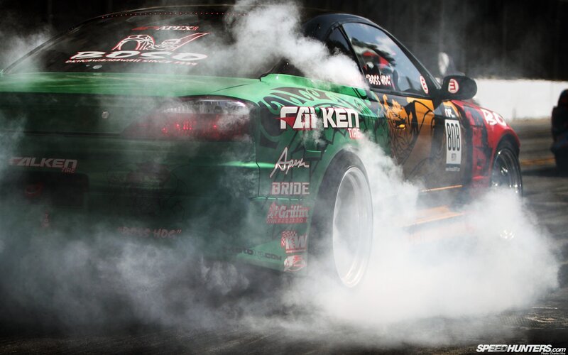Green Drift Car — Dramatic, Photograph, Smoke, Tire