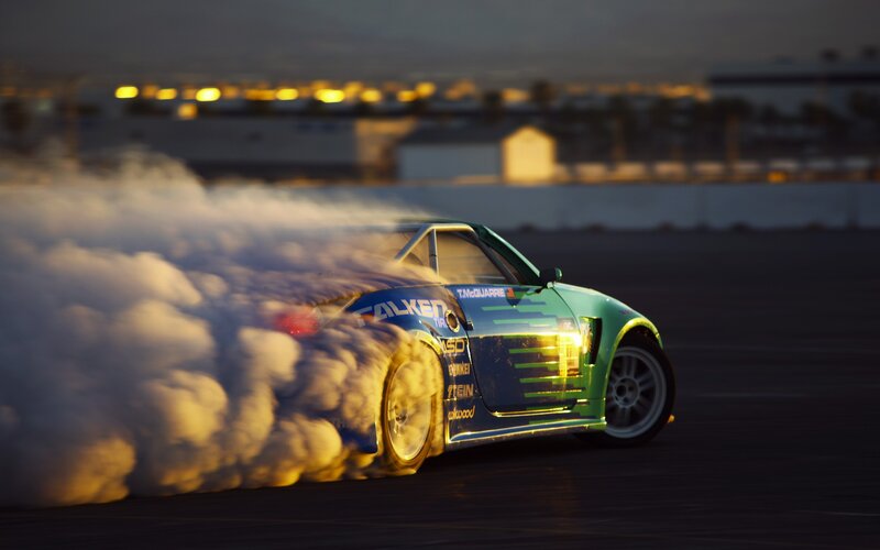 Green Drift Car — Dramatic, Sunset, Photograph, Smoke