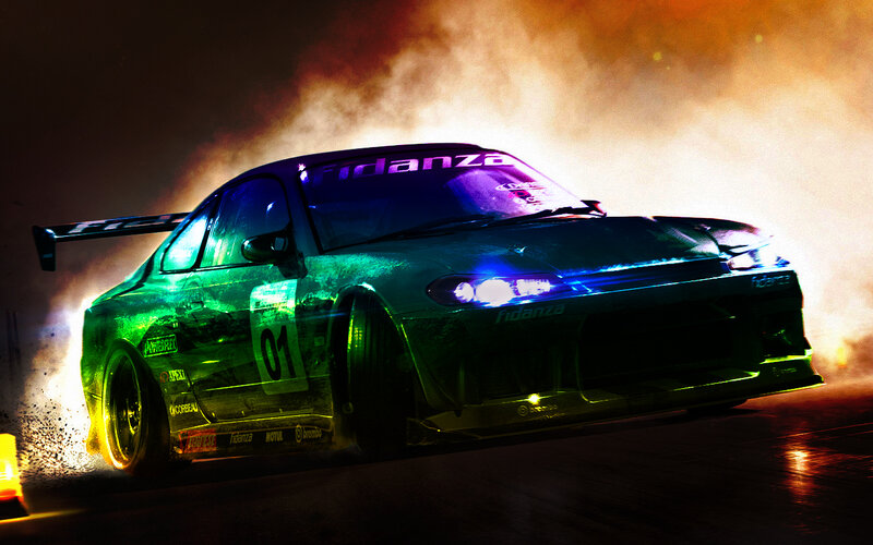 Green Drift Car — Dramatic