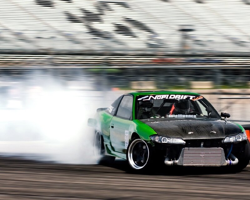 Green Drift Car — Dynamic, Afternoon, Photograph, Smoke, Racetrack, Driver
