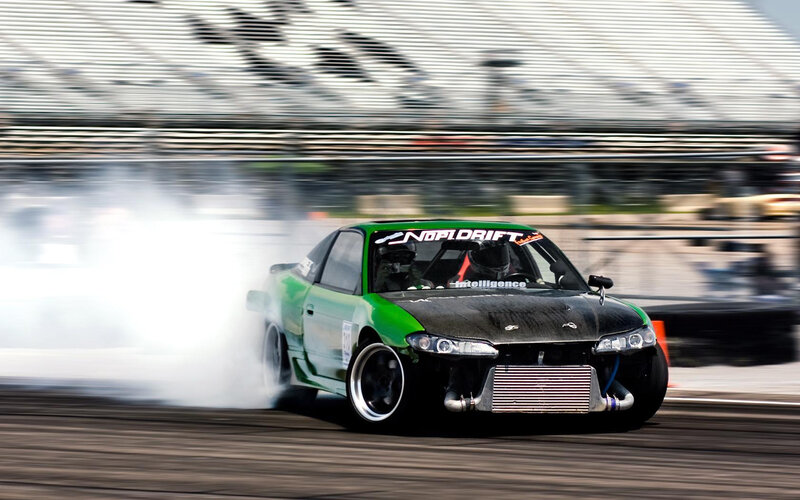 Green Drift Car — Dynamic, Afternoon, Photograph, Smoke, Racetrack