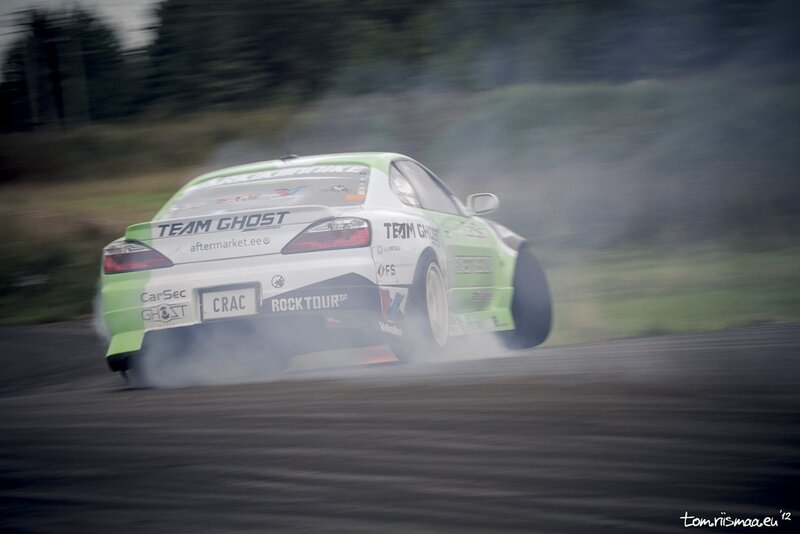 Green Drift Car — Dynamic, Photograph, Smoke, Racetrack