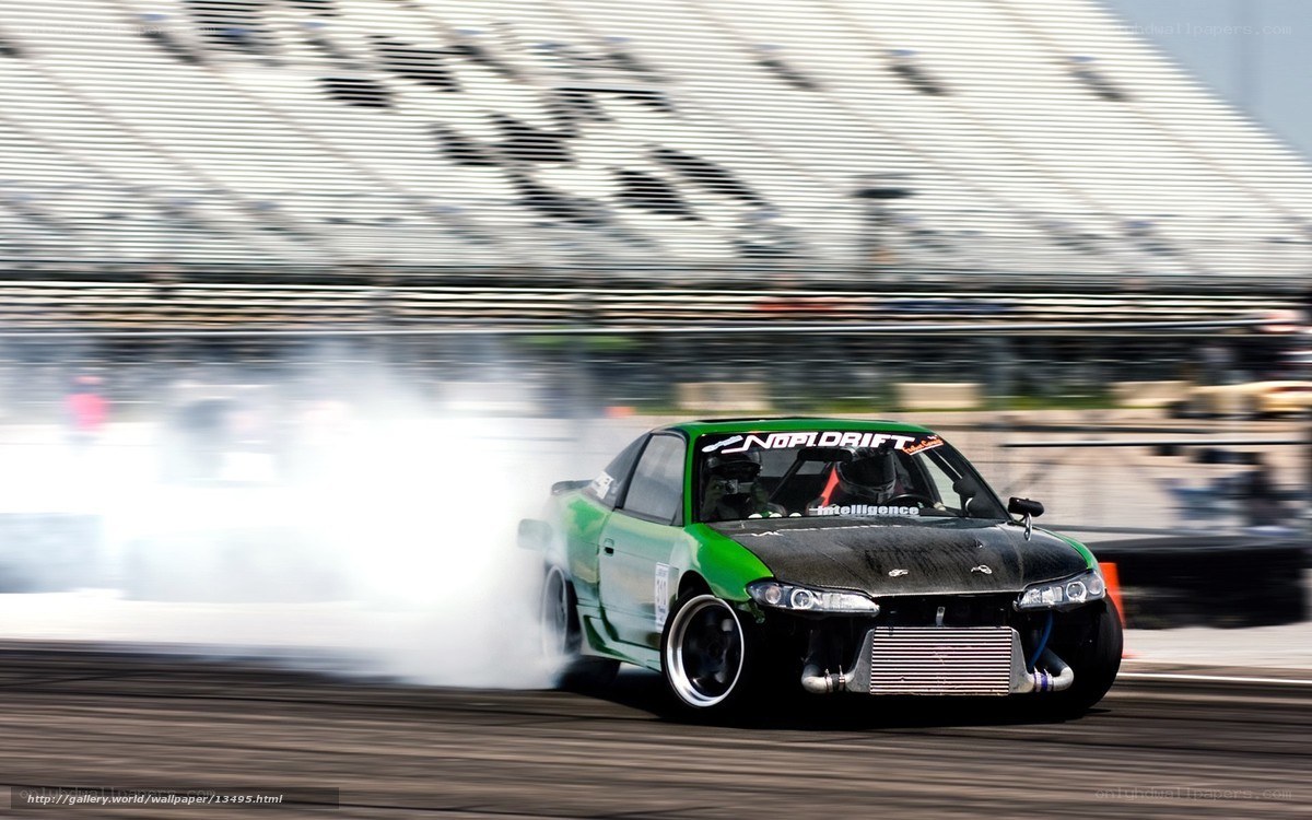 Green drift car on track