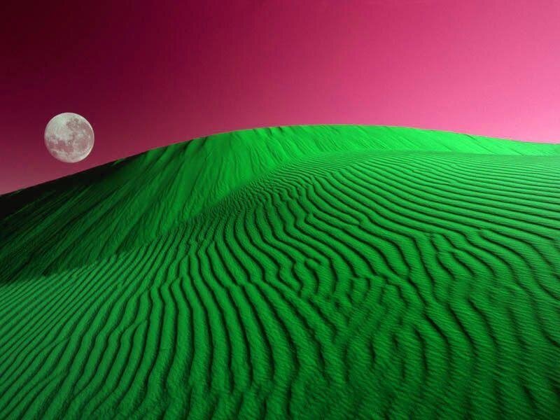 Green dunes under a pink sky