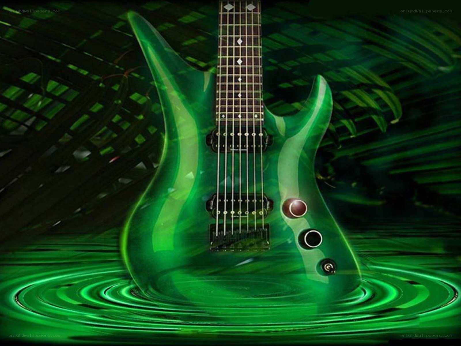 Green electric guitar in water