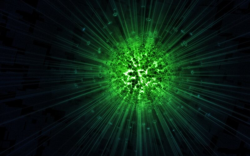 Green Energy Burst — Energetic, Digital Art, Light Rays, Particles
