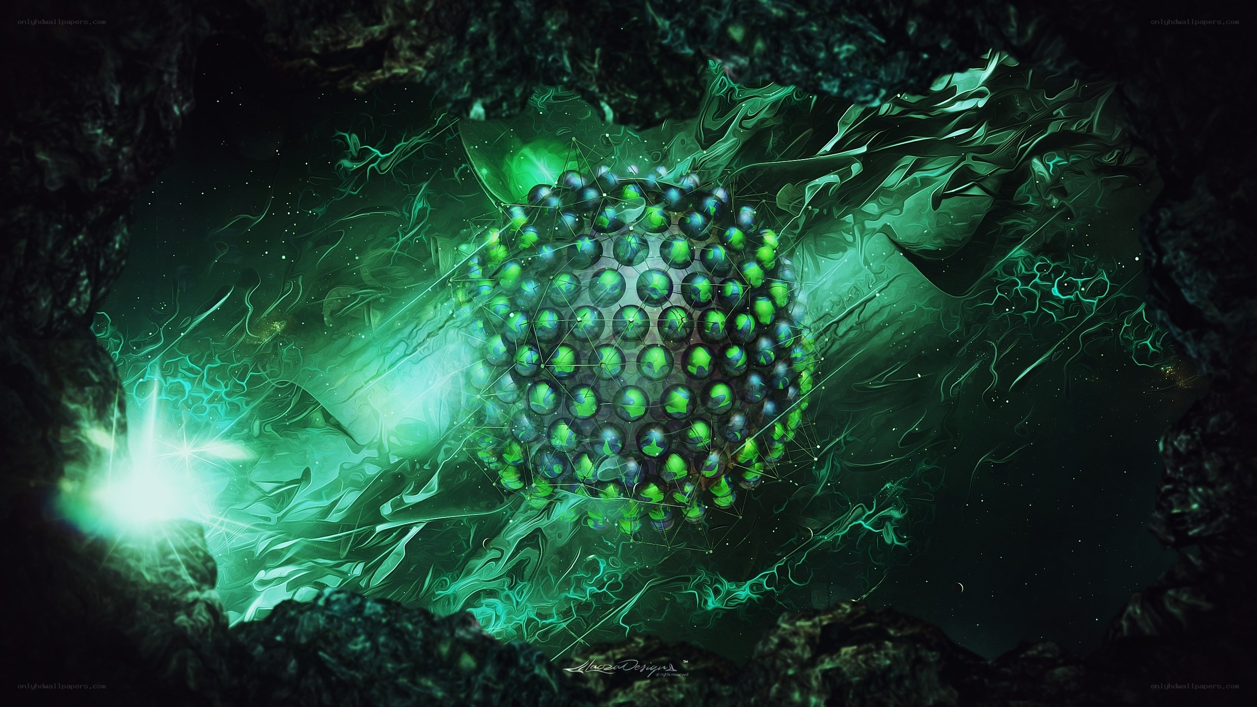 green energy sphere in cave