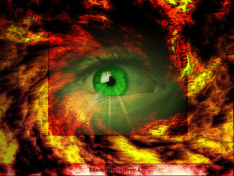 green eye in fiery background