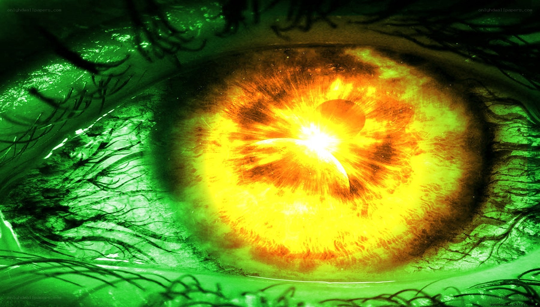 green eye with fiery pupil