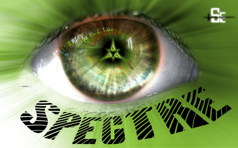 green eye with spectral text