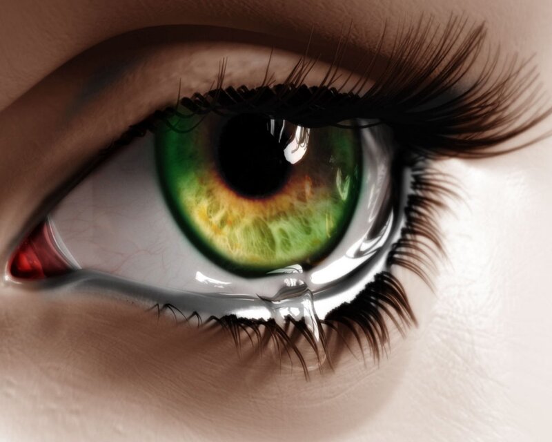 Green Eye with Tear — Dramatic, Digital Art, Eyelash, Iris