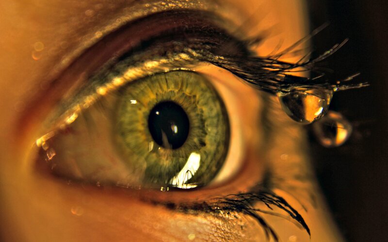 Green Eye with Tear — Dramatic, Photograph, Eyelash