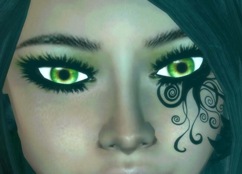 green-eyed character with face art