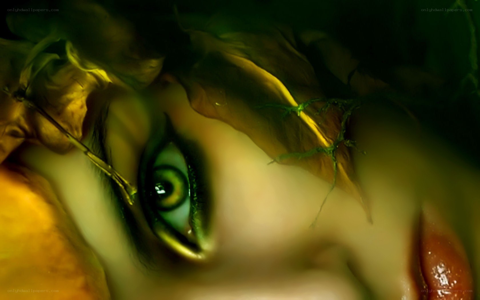 green-eyed figure in foliage