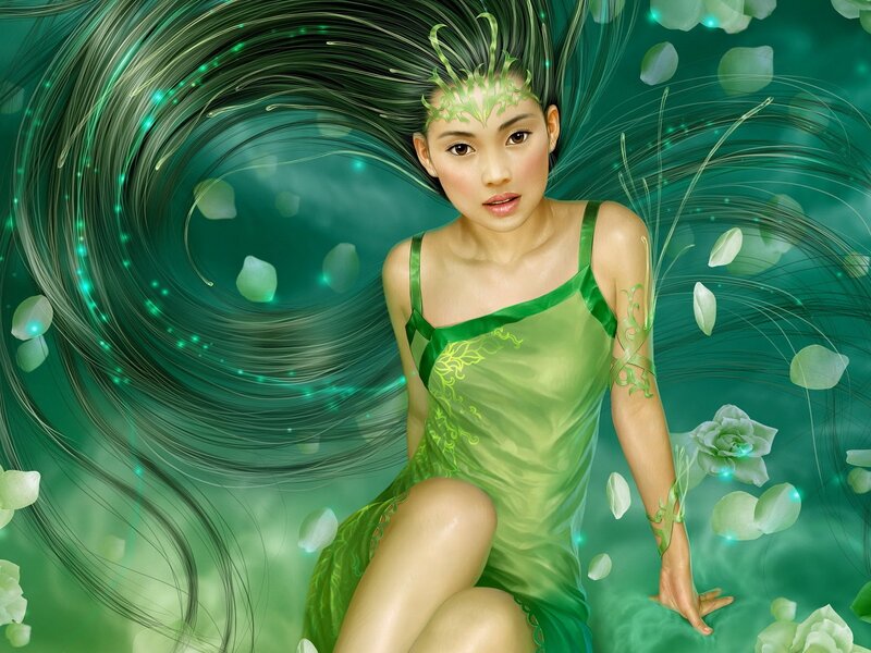 green fairy with flowing hair