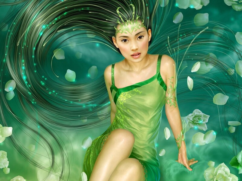 green fairy with flowing hair
