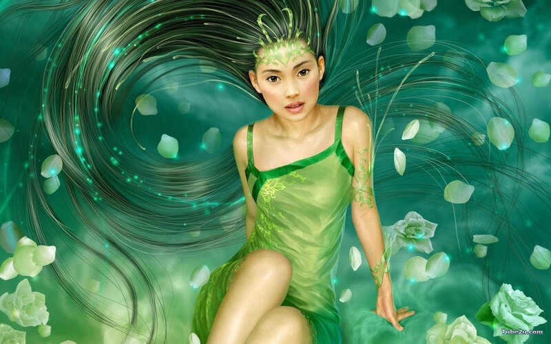 green fairy with flowing hair