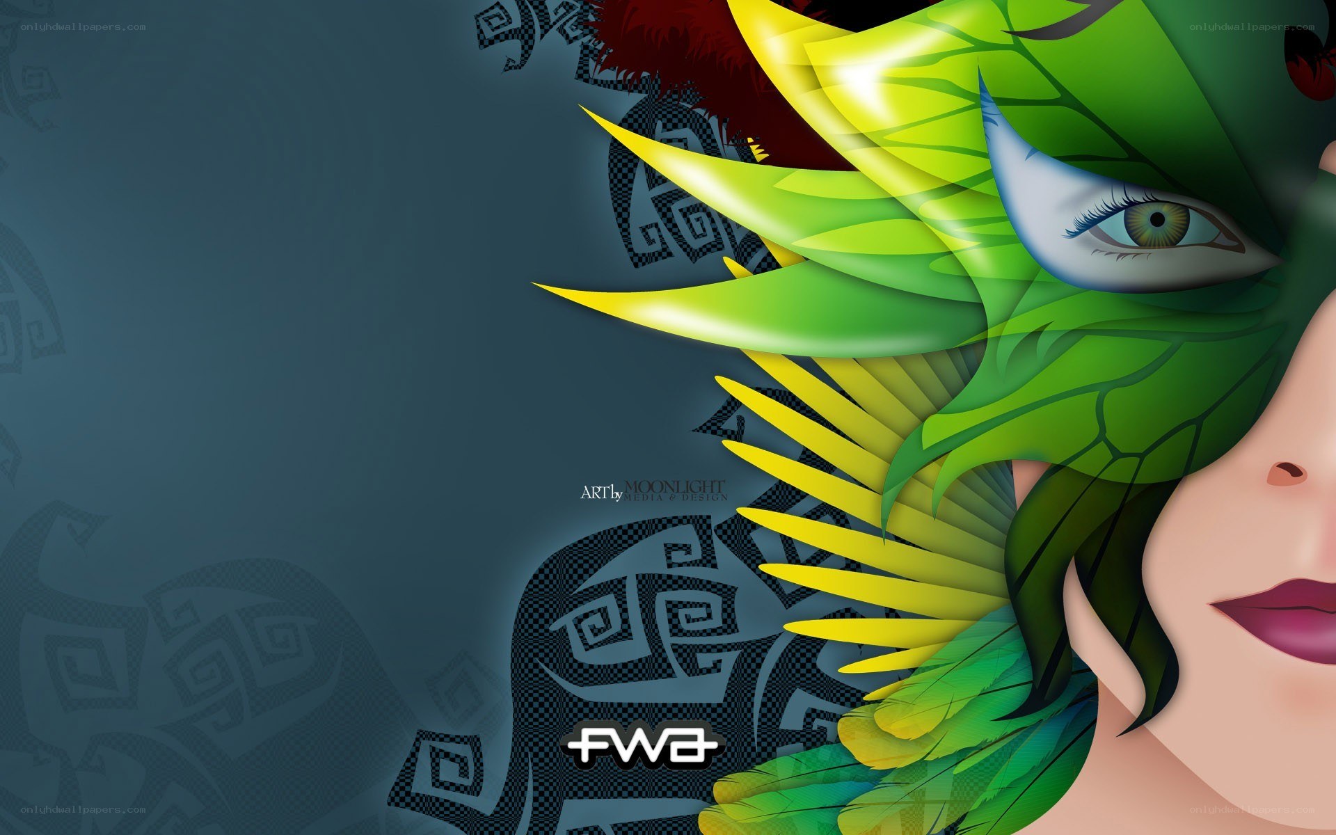 green feathered mask art