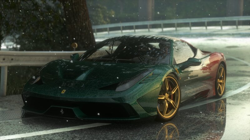 Green Ferrari on Wet Road